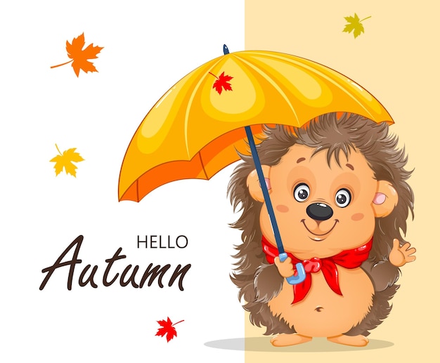 Hello Autumn Cute cartoon hedgehog Funny cartoon character hedgehog with umbrellan