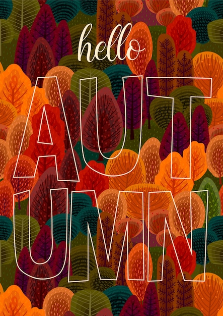 Vector hello autumn design with forest illustration