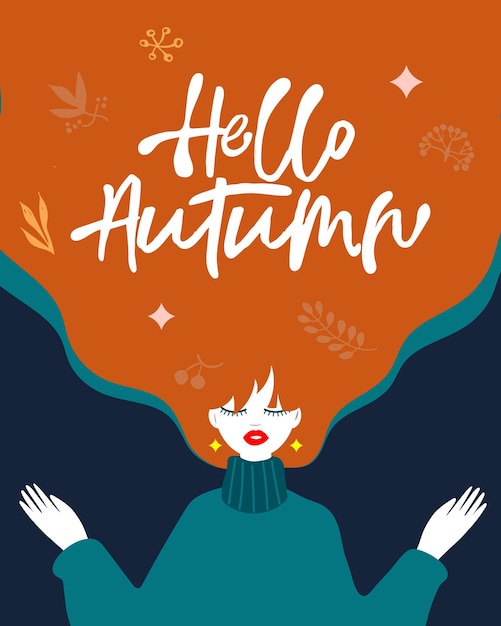 Hello Autumn, design with red-haired girl and the inscription, girl in autumn leaves, vector image