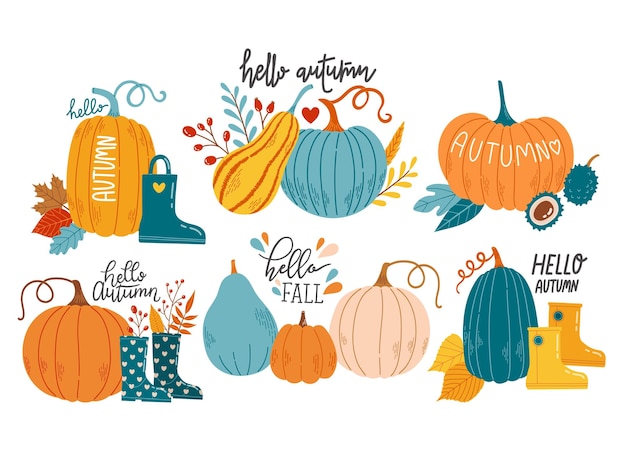 Vector hello autumn fall season pumpkin set vector illustration