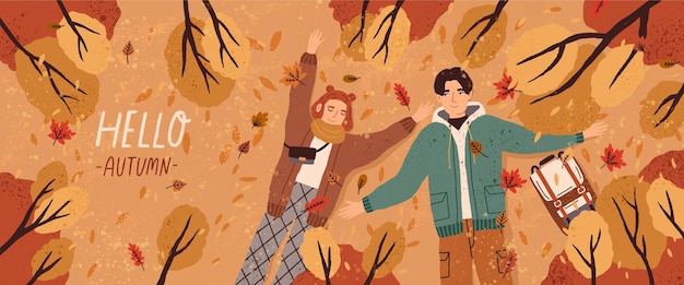 Vector hello autumn flat banner vector template. postcard layout with couple lying on ground top view. fall season colorful horizontal illustration. boyfriend and girlfriend enjoy autumn characters.