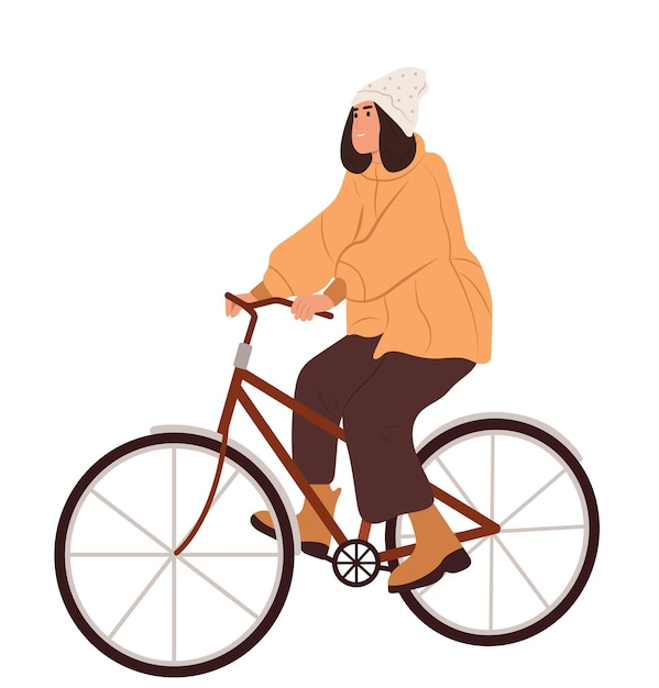 Hello autumn girl rides a bicycle active person traveling on bike eco city transport side view