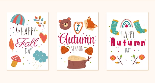 Ciao autunno biglietti di auguri modello concetto set cartone animato elemento di design illustrazione