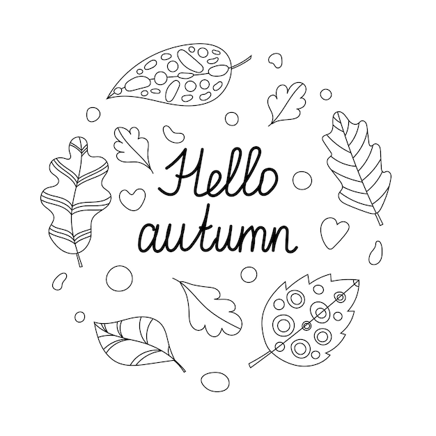 Vector hello autumn hand drawn lettering decorated by leaf wreath beautiful graphic design for cards postcards invitations banners posters