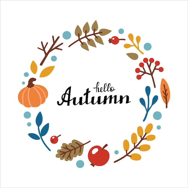 Vector hello autumn handgeschreven lettering herfst decoratieve frame sjabloon met bladeren pompoen appel bessen vector illustratie in doodle stijl