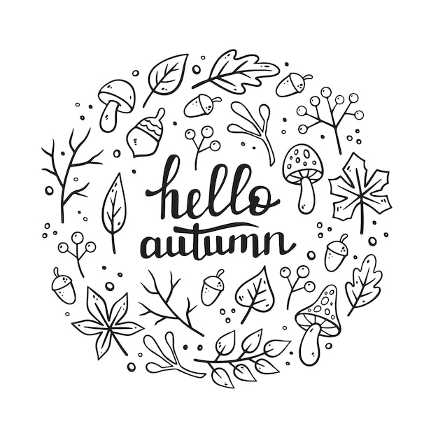 Hello autumn scritte a mano design decorativo rotondo con elementi autunnali illustrazione vettoriale in stile doodle