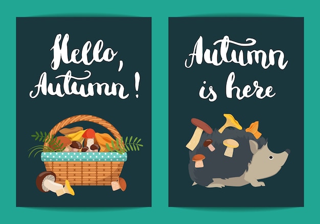 Hello autumn. hedgehog with mushrooms on his back and basket full of mushrooms with lettering illustration