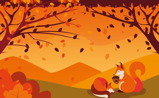 Hello autumn illustration with chipmunks and nut