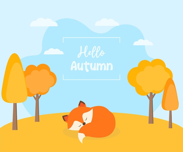 Hello autumn illustration with a cute fox