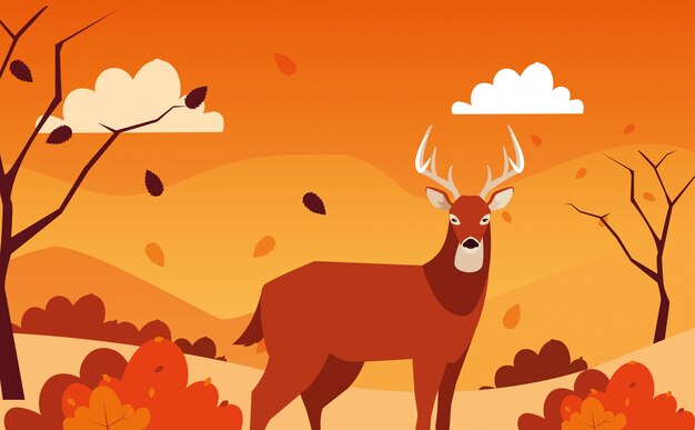 Vector hello autumn illustration with deer animal in landscape