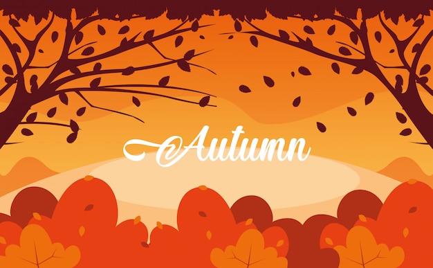 Ciao illustrazione di autunno con paesaggio e foglie