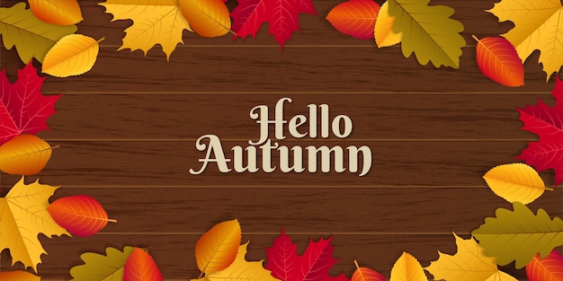 Hello autumn illustration with scattered autumn leaves