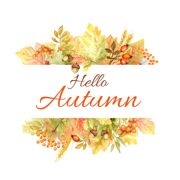 Vector hello autumn leaf bright frame isolated. watercolor autumn leaf hand drawn illustration.