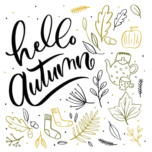 Hello autumn lettering background with leaves