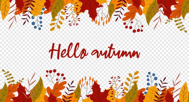 안녕하세요 가을 레터링 엽서 가을 다채로운 식물과 원활한 가로 배너 매력적인 가을 패턴 손으로 그린 벡터 일러스트 레이 션