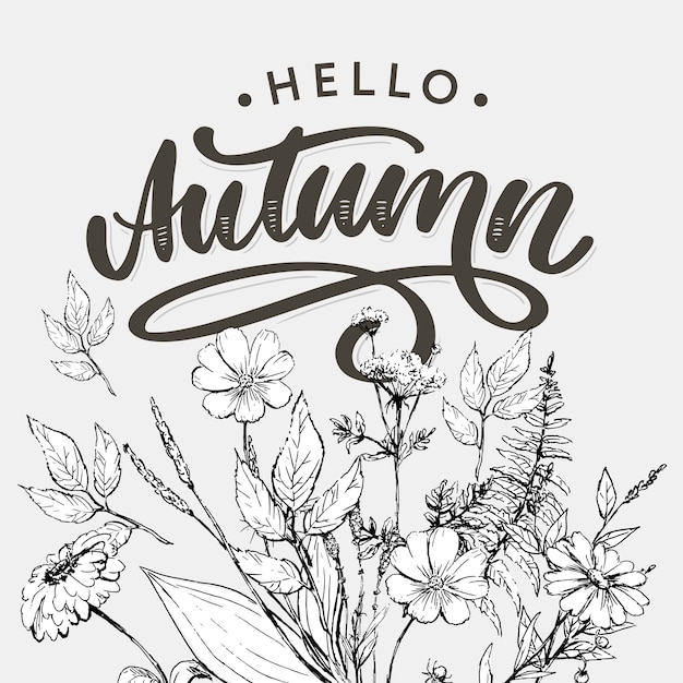 Vector hello, autumn lettering with flowers and leaves in line art style