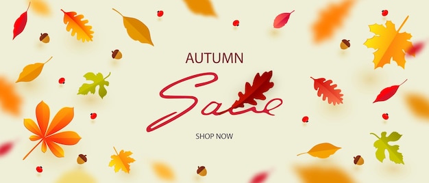 안녕하세요 가을 가을 노란색 오렌지 잎이 있는 최소 배경 배너 포스터 광고 엽서 판매 벡터 디자인을 위한 비행 단풍