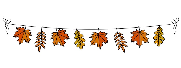 Hello autumn orange leaves hanging on a string fall season banner decoration element colorful seasonal garland with bright leaves thick black outline simple vector illustration