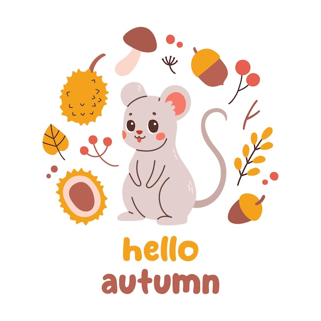 Hello autumn postcard with mouse Woodland card with leaves and cute forest animal on white