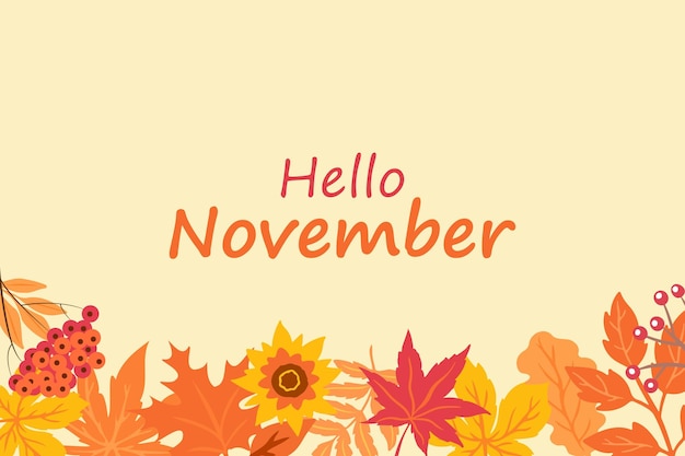 Vettore ciao poster autunnale con fogliame. ciao novembre. sfondo autunnale con foglie per scritte.