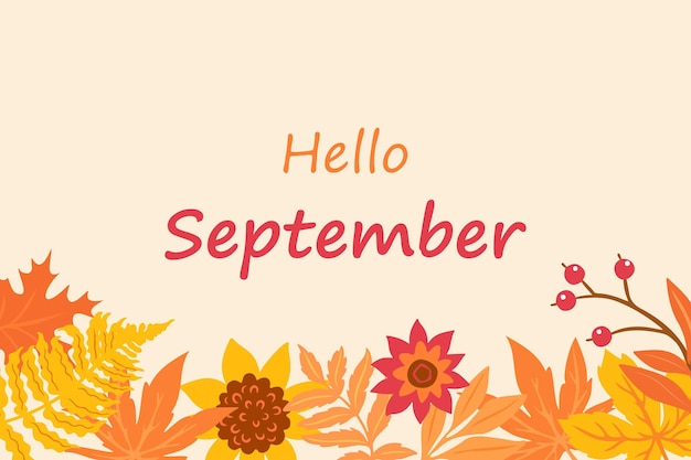 Hello autumn poster with foliage. Hello September. Autumn background with leaves for lettering.