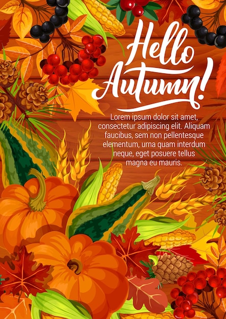 Ciao poster autunnale con zucca e raccolto di mais