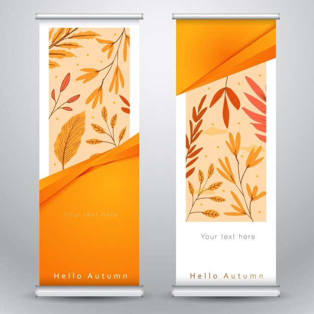 Hello autumn roll banner template design with yellow brown leaves