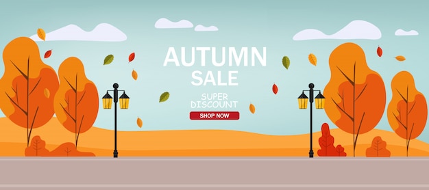 Hello autumn, sale banner, autumn park, flat illustration