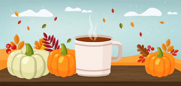 Vector hello autumn, sale banner, flat pumpkin set and colored leaves, autumn illustration