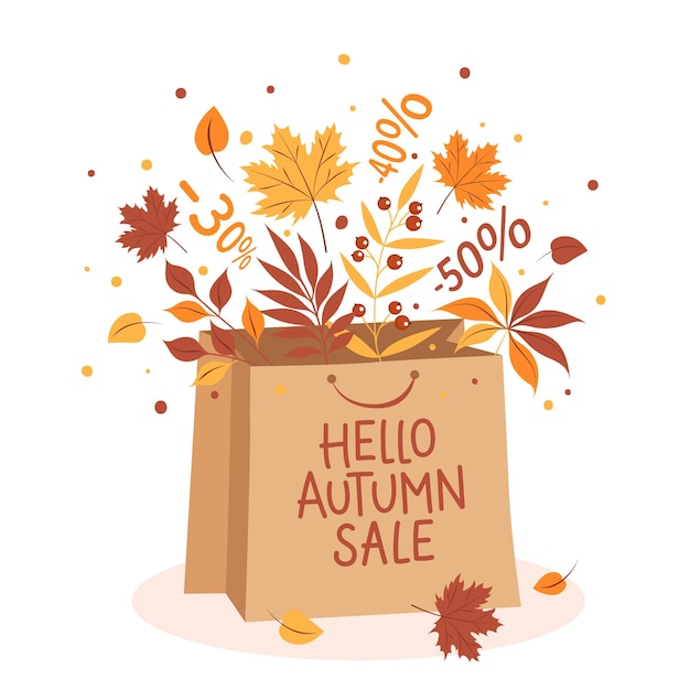 Hello autumn sale Banner with paper bag and leaves