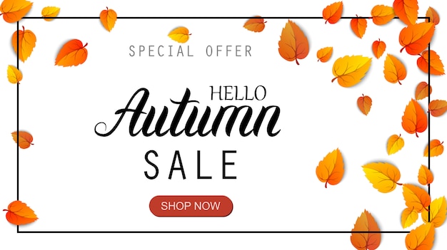 Hello autumn sale lettering banner. special offer discount poster with fall golden leaves. autumn seasonal design template