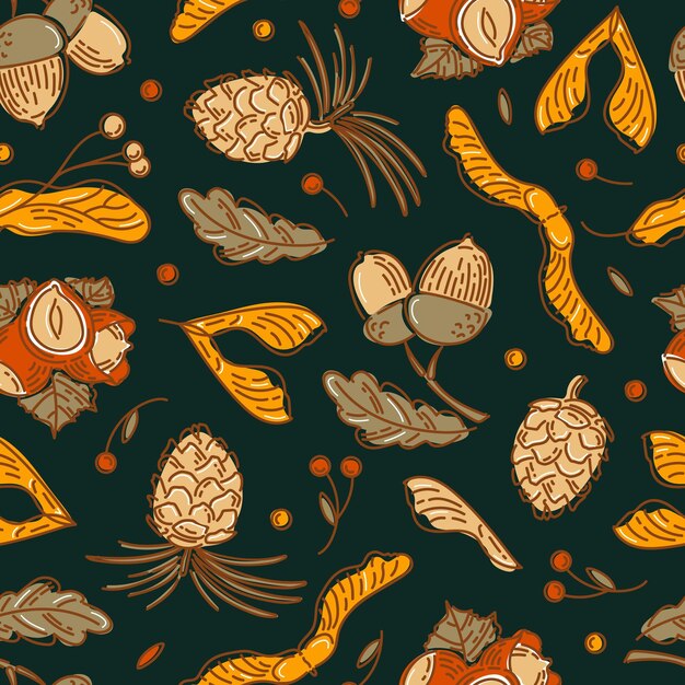 Hello Autumn Seamless pattern from nuts and seeds Acorns with leaves cedar cone linden seeds hazelnuts maple lionfish seeds sketch style wallpaper printing on fabric wrapping background