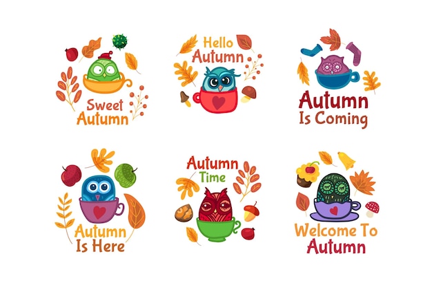 Hello autumn set of stickers with owls in cup