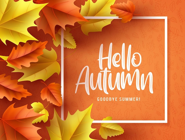 Hello autumn vector background  banner hello autumn greeting text in white frame with fall seasonal