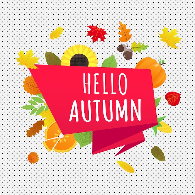 Hello autumn vector banner or poster gradient flat style design vector illustration huge red ribbon