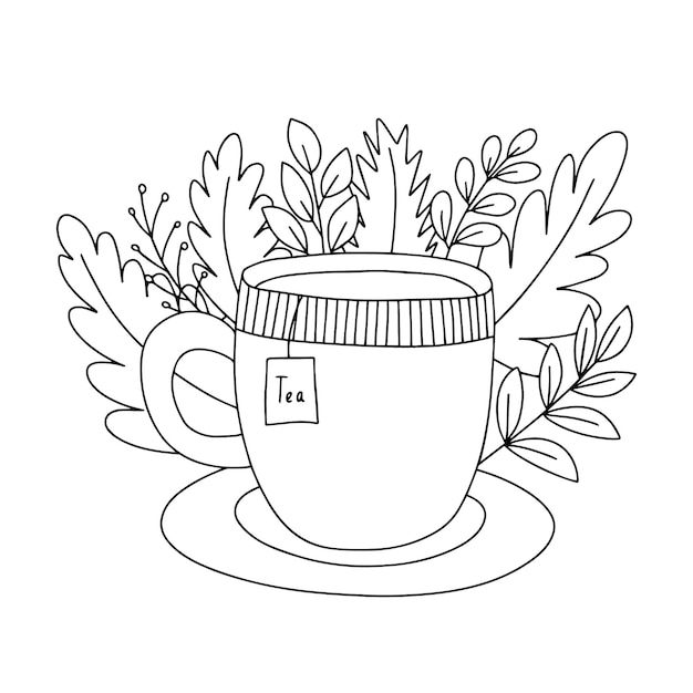 Hello autumn vector coloring page with cup of tea and autumn leaves Cute coloring page for children and adults with cup of tea