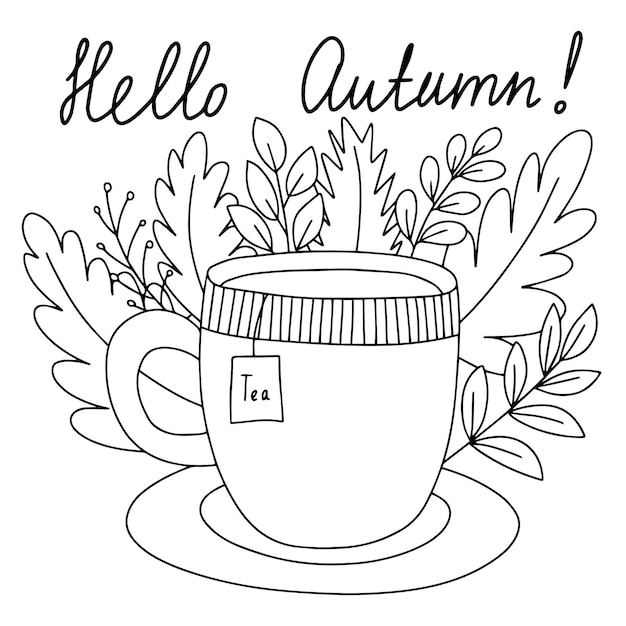 Hello autumn vector coloring page with cup of tea and autumn leaves Cute coloring page for children and adults with cup of tea