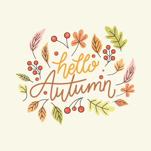 Vettore hello autumn vector lettere disegnate a mano con foglie d'autunno