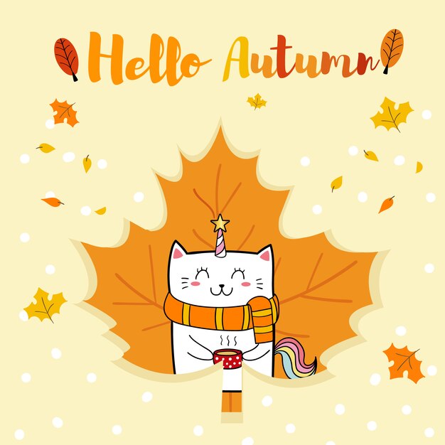 Vector hello autumn with cute cat unicorn cartoon