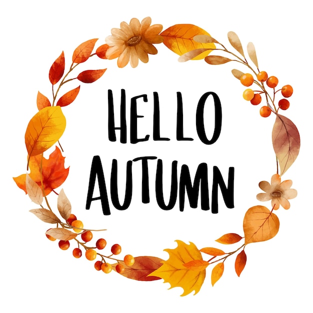 Vector hello autumn with ornate of leaves flower frame autumn october hand drawn lettering template