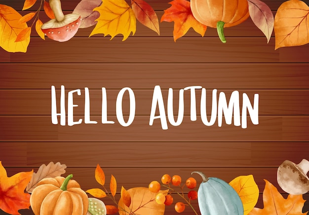 Hello autumn with ornate of leaves flower frame Autumn october hand drawn lettering template