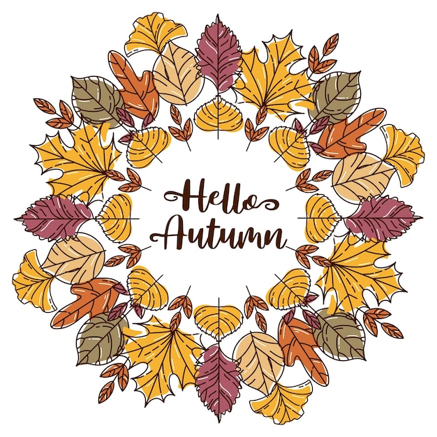 Hello Autumn Wreath made of colorful modern autumn leaf Maple and rowan ginkgo biloba Codiaeum lilac linden and oak elm and poplar sketch style Frame for stickers posters postcards