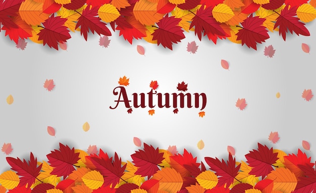 Hello autumn write background with red orange brown and yellow autumn leaves premium vector