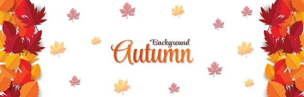 Hello Autumn write background with red orange brown and yellow autumn leaves Premium vector