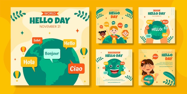 Hello day social media post flat cartoon hand drawn templates background illustration