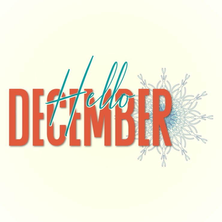 Vector hello, december lettering card with snowflakes. hand-drawn inspirational winter quote with doodles.