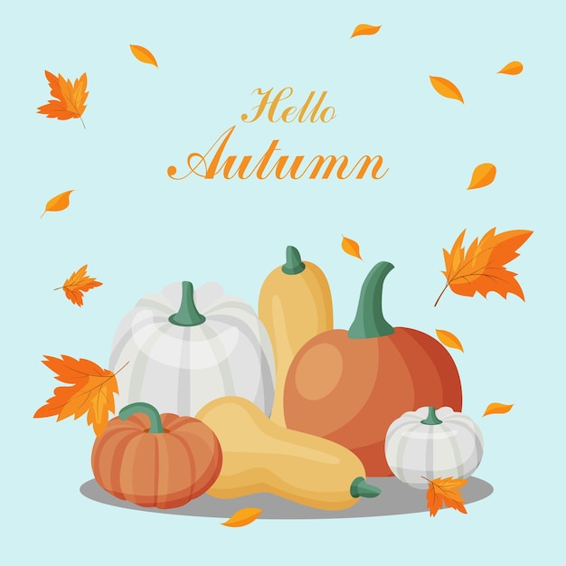 Hello Fall Autumn Ripe pumpkins and leaves on blue background Autumn postcards