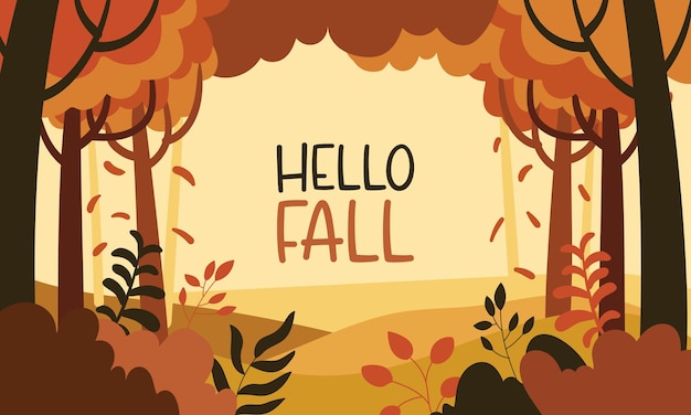 Hello fall background, autumn greetings banner with falling leaves in forest scene