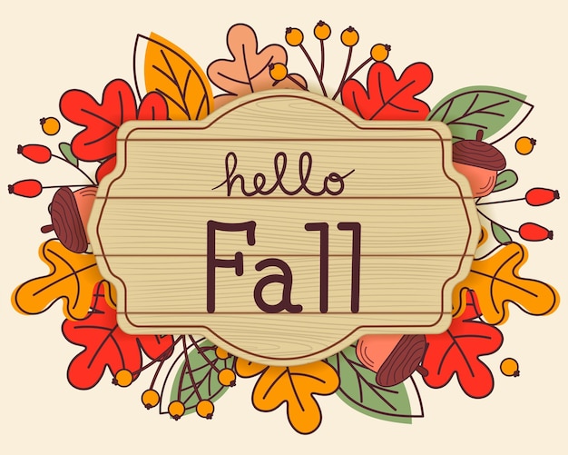 주황색 노란색 잎 도토리와 열매가 있는 나무 판자에 Hello Fall 손으로 그린 글자