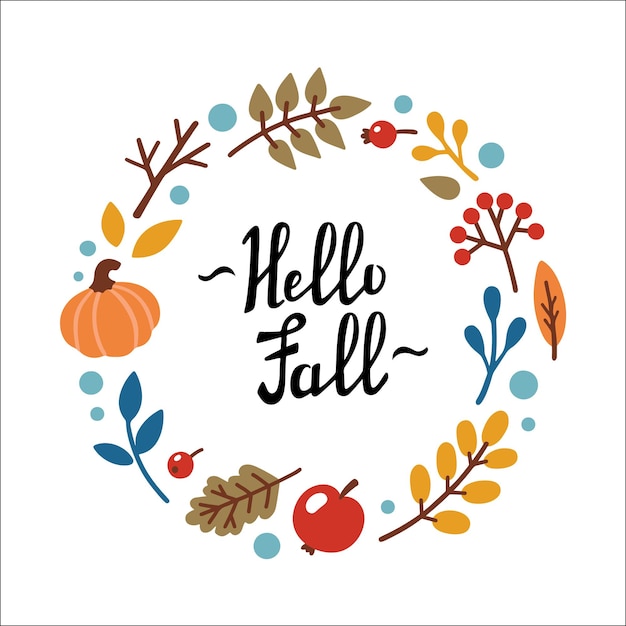 Hello fall handgeschreven letters rond frame met bladeren pompoen appel bessen vector illustratie